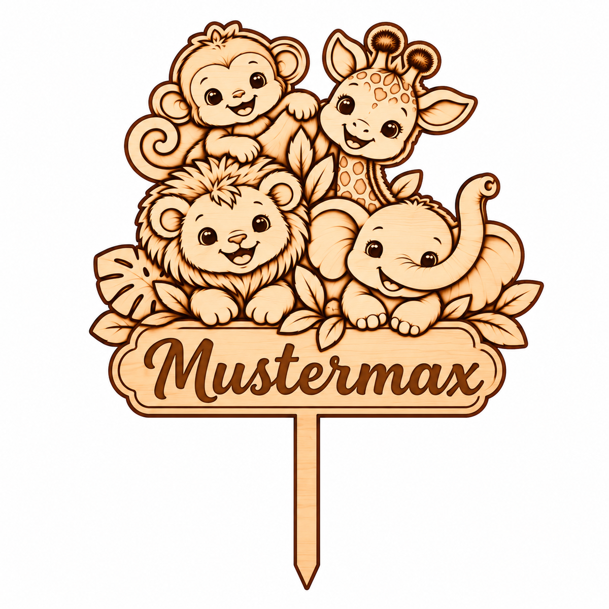 Dschungeltiere aus Holz mit Wunschname – personalisierter Caketopper