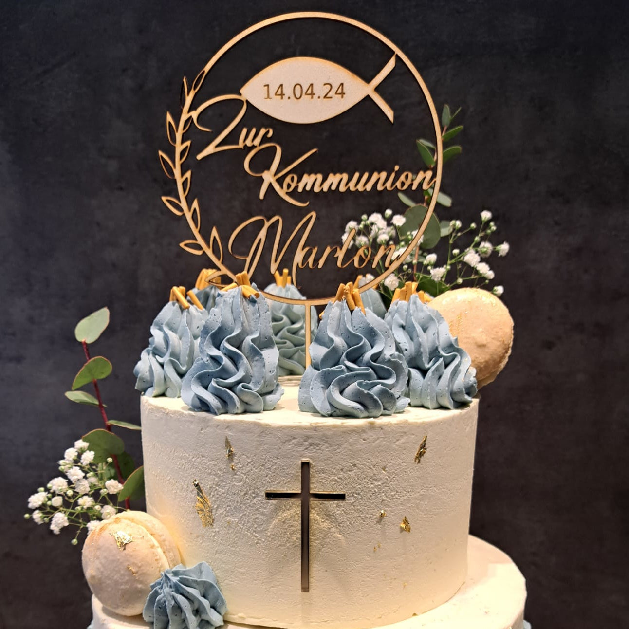 Personalisierter Caketopper „Zur Kommunion“ mit Heiligem Fisch und Name