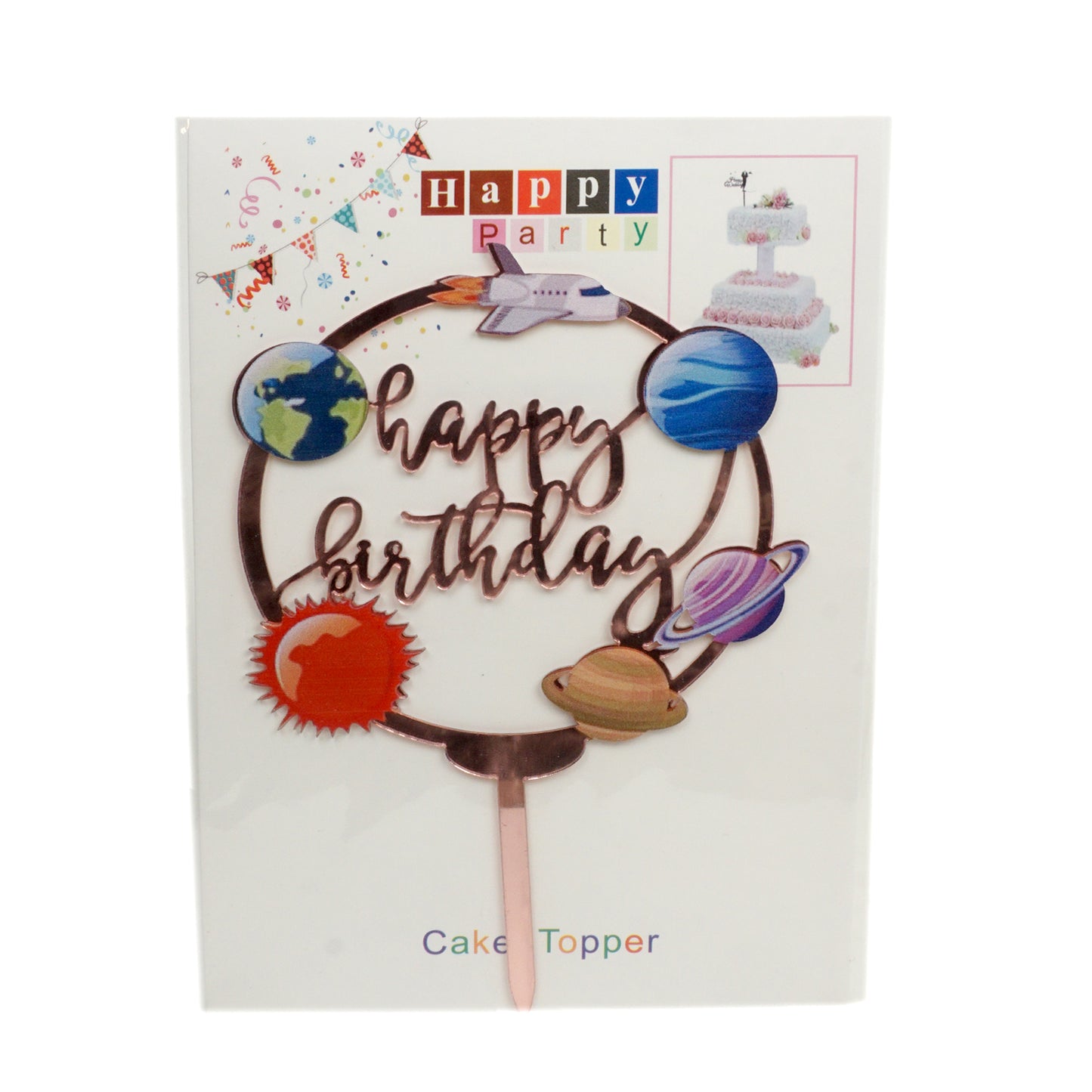 Caketopper "Happy Birthday Weltraum" klein in Gold, Silber, Schwarz oder Rosé