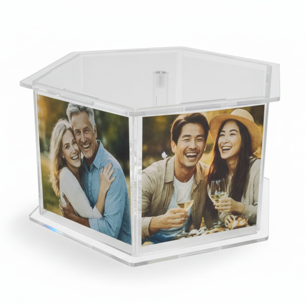 Sechseckige Acryl-Box für Deko & Foto-Display für 6 Bilder