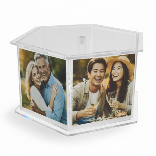 Sechseckige Acryl-Box für Deko & Foto-Display für 6 Bilder