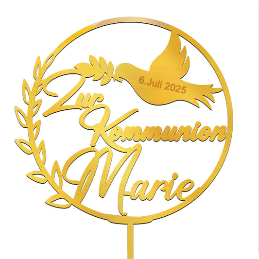 Personalisierter Caketopper „Zur Kommunion“ mit Taube und Name