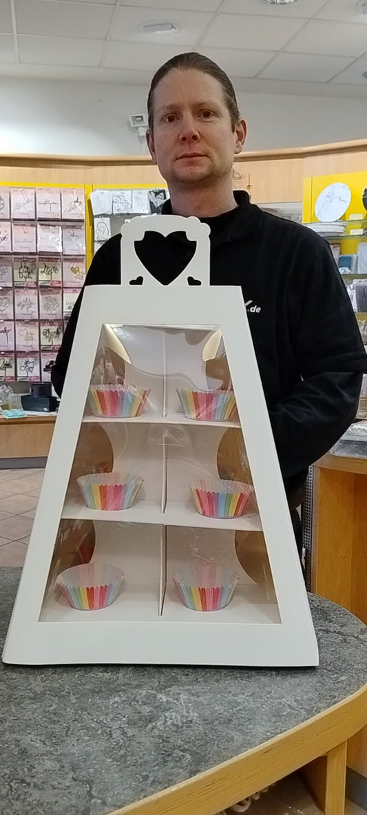 Cupcake-/Dessert-Etagere aus Karton mit Tragegriff und Sichtfenster - 4 Etagen