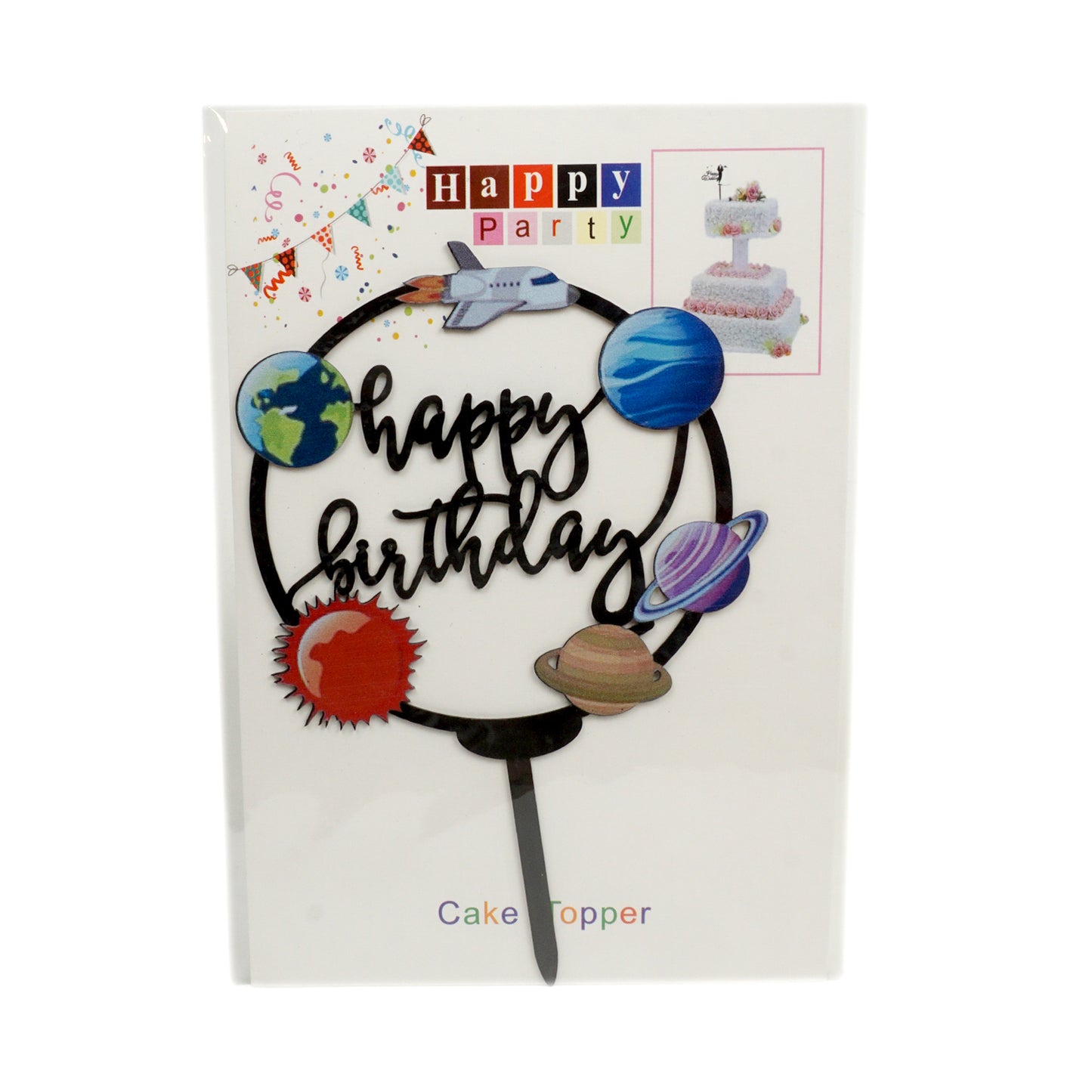 Caketopper "Happy Birthday Weltraum" klein in Gold, Silber, Schwarz oder Rosé