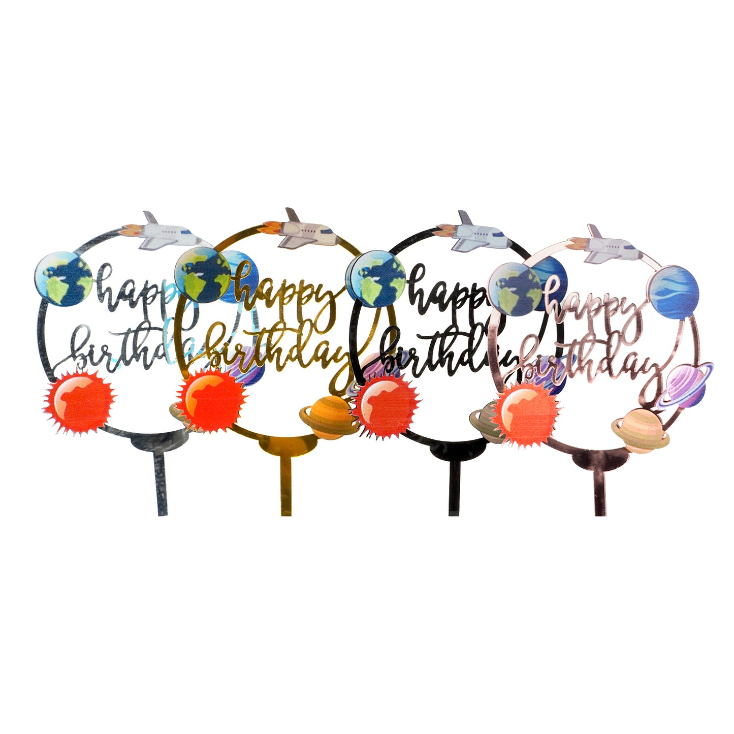Caketopper "Happy Birthday Weltraum" klein in Gold, Silber, Schwarz oder Rosé