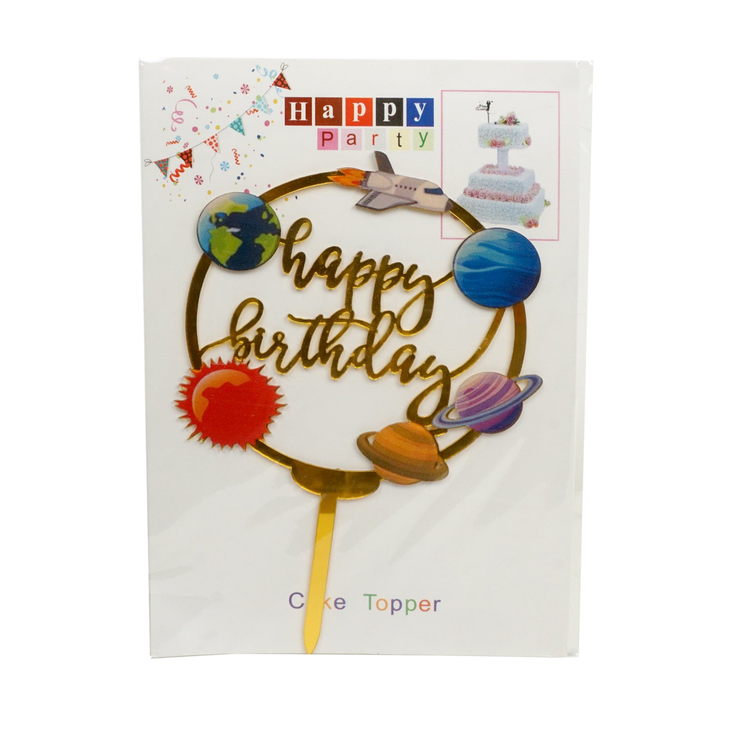 Caketopper "Happy Birthday Weltraum" klein in Gold, Silber, Schwarz oder Rosé