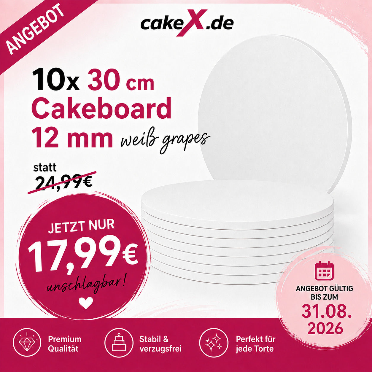 10x Cakeboard 30cm 12mm in Weiß grapes ( glatter Rand )