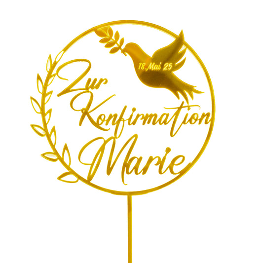 Personalisierter Caketopper „Zur Konfirmation“ mit Taube und Name